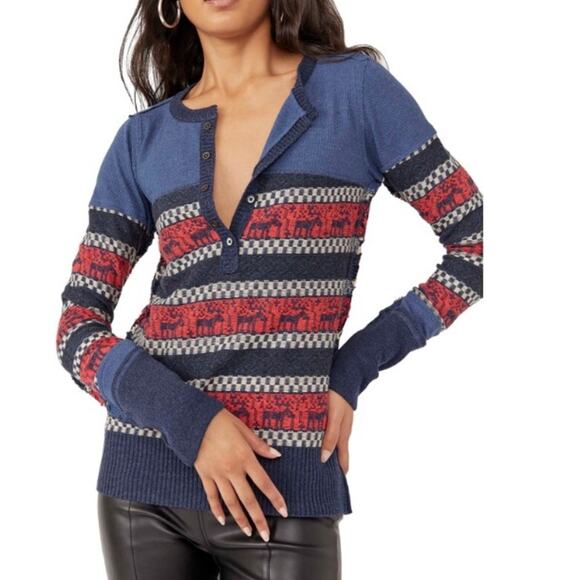 Free People To The Woods Stripe Thermal Henley Blue Red size small - Picture 1 of 10